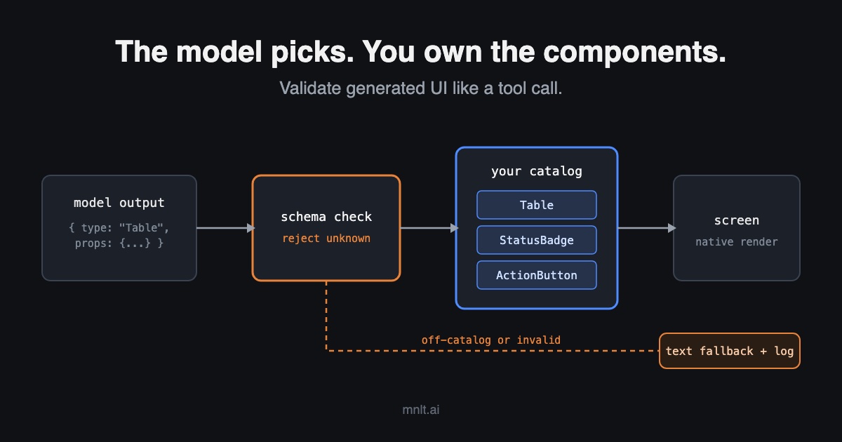 Diagram: model output passes through a schema check and a component catalog before reaching the screen; anything off-catalog falls back to text.