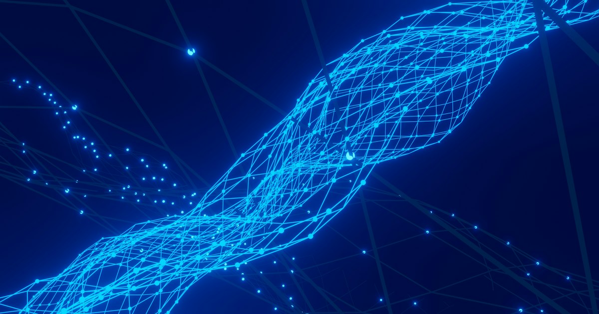 Glowing blue nodes joined by thin lines into a twisting mesh against a dark navy background.